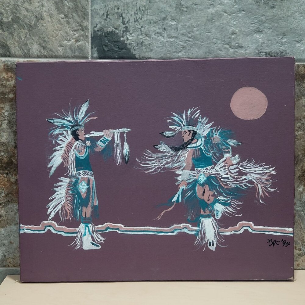 Vintage Native American Eagle Dance Canvas Painting 1994 Signed